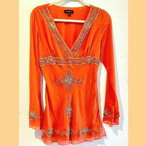 Bebe Orange Silk and Gold Embroidery Top